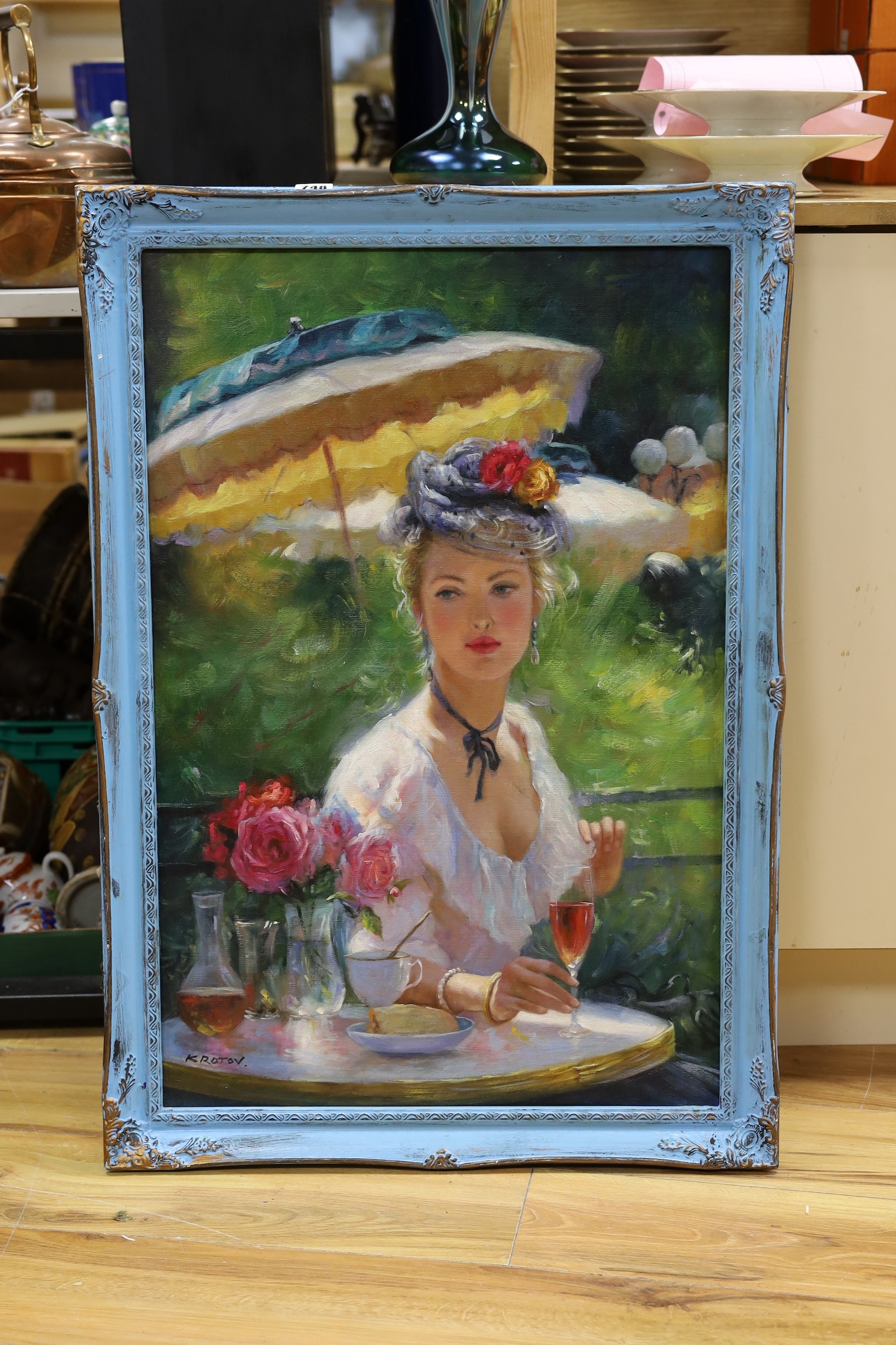 Krotov, oil on board, Edwardian young lady seated at a café table, 75 x 50cm
